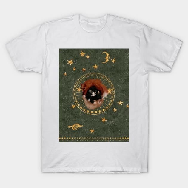 Circle of Life Watercolor : Gold Foils Stars in a Goblincore green sky with a Gemini constellation A rabbit and a fox circle around a barn owl T-Shirt by penandbea